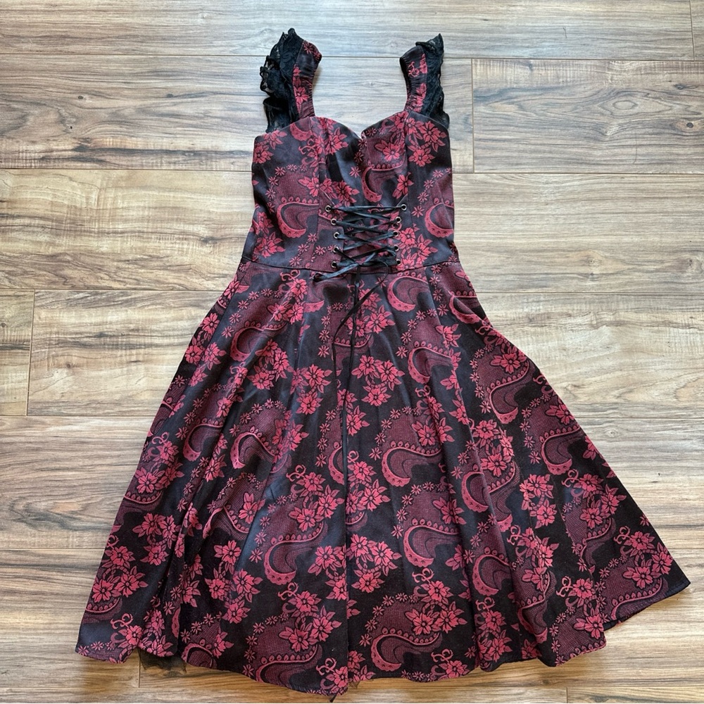 Hearts & Roses Red & Black Brocade Corset Dress Goth Gothabilly Rockabilly Size8